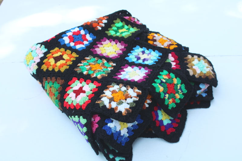 photo of vintage granny squares crochet afghan, black w/ bright rainbow colors, grandmacore, so retro!  #9