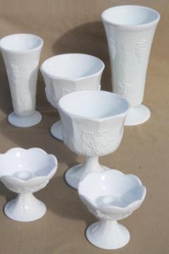 catalog photo of vintage grape pattern milk glass vases & flower bowls, Indiana harvest grapes