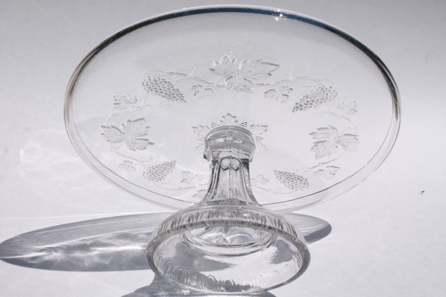 photo of vintage grapes grape pattern glass cake stand, crystal clear pedestal plate w/ rim #9