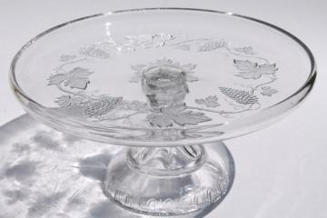 catalog photo of vintage grapes grape pattern glass cake stand, crystal clear pedestal plate w/ rim