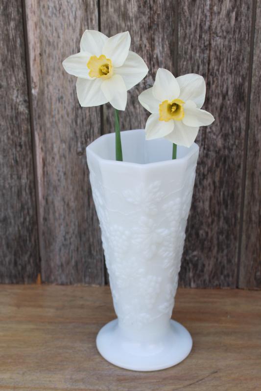 photo of vintage grapes pattern milk glass vase Anchor Hocking translucent white glass #1