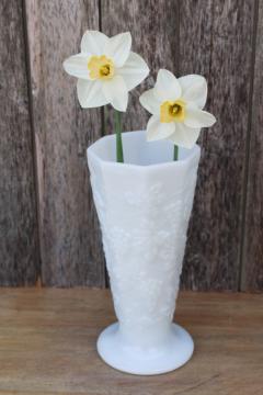 catalog photo of vintage grapes pattern milk glass vase Anchor Hocking translucent white glass