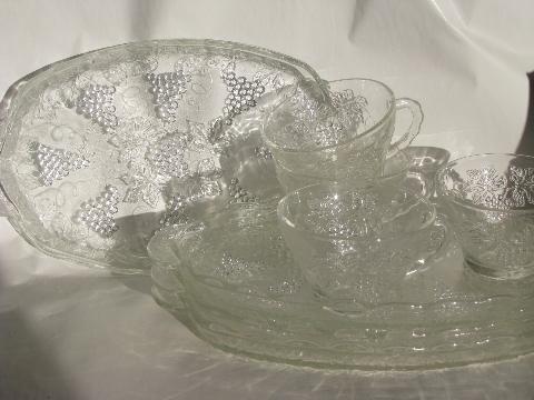 photo of vintage grapes pattern pressed glass snack sets, crystal clear #1