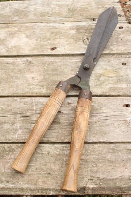 photo of vintage grass cutters garden shears, forged steel blades w/ hickory hardwood handles #1