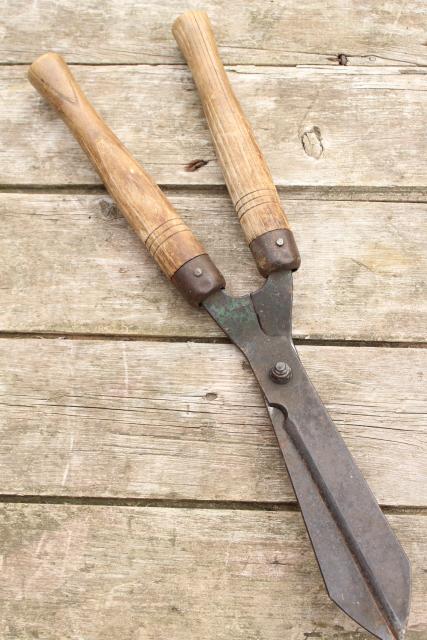 photo of vintage grass cutters garden shears, forged steel blades w/ hickory hardwood handles #2