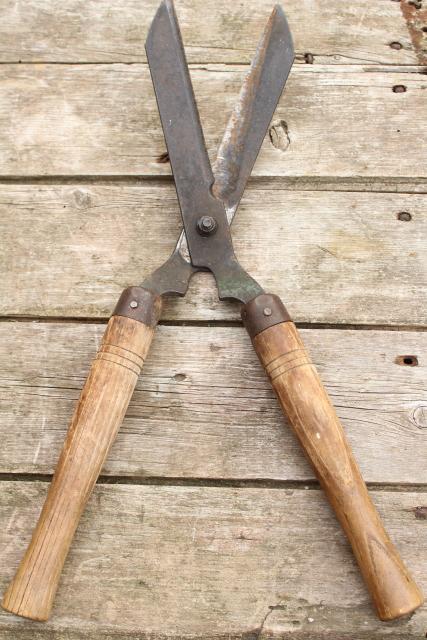 photo of vintage grass cutters garden shears, forged steel blades w/ hickory hardwood handles #3