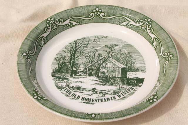 photo of vintage green Currier & Ives pie plate, pan w/ Old Homestead in Winter scene #1