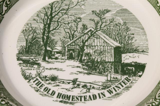 photo of vintage green Currier & Ives pie plate, pan w/ Old Homestead in Winter scene #2