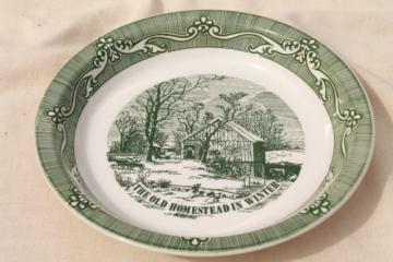 catalog photo of vintage green Currier & Ives pie plate, pan w/ Old Homestead in Winter scene