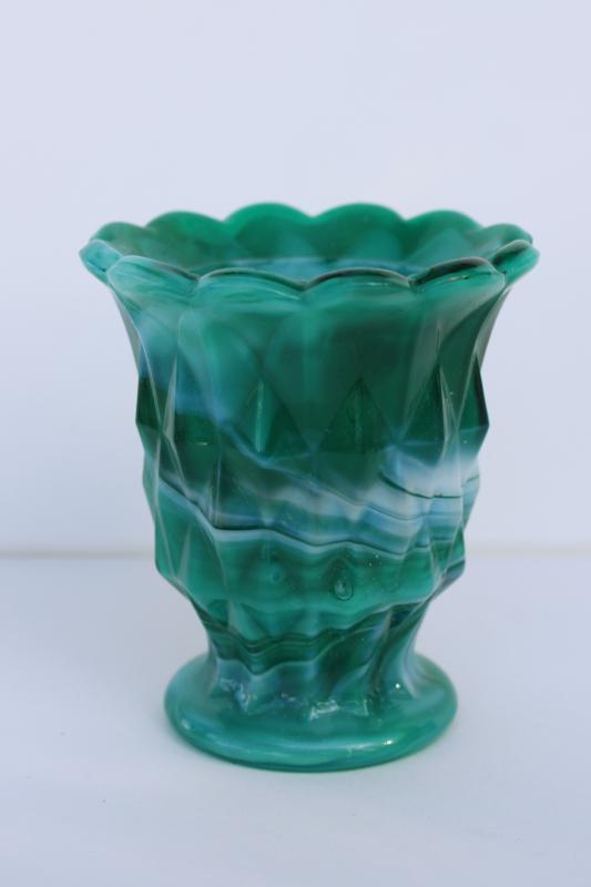 photo of vintage green and white marbled swirl slag glass toothpick holder #1