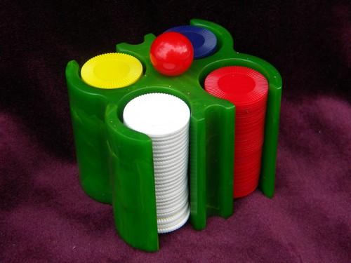 photo of vintage green bakelite or catalin poker chip caddy rack w/ 100 chips #1