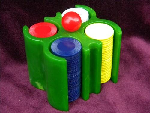 photo of vintage green bakelite or catalin poker chip caddy rack w/ 100 chips #2