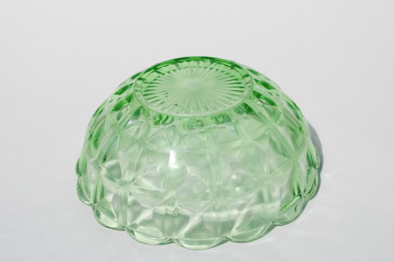 photo of vintage green depression glass bowl Jeannette waffle block panel pattern w/ scalloped rim  #2