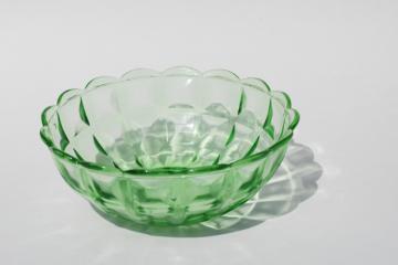 photo of vintage green depression glass bowl Jeannette waffle block panel pattern w/ scalloped rim 