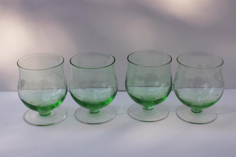 photo of vintage green depression glass brandy glasses, tulip shape stemware w/ wheel cut floral #1