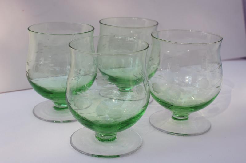 photo of vintage green depression glass brandy glasses, tulip shape stemware w/ wheel cut floral #5