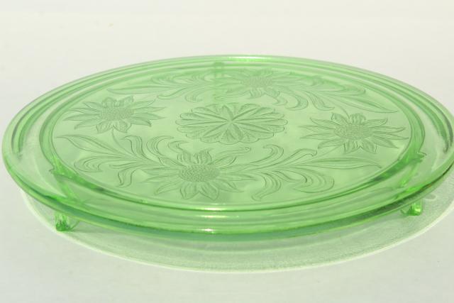 photo of vintage green depression glass cake plate, Jeannette sunflower low plateau cake stand #1