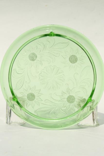 photo of vintage green depression glass cake plate, Jeannette sunflower low plateau cake stand #2