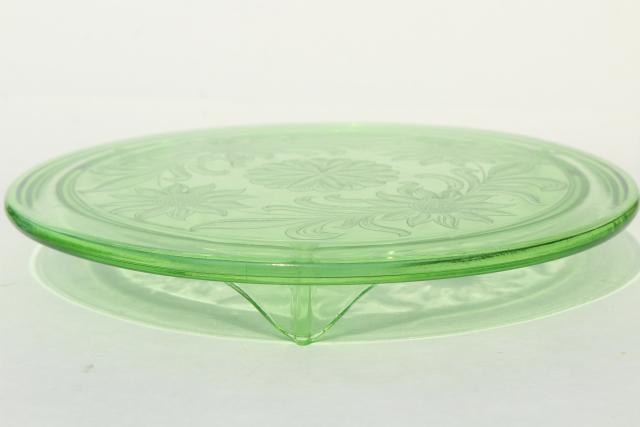 photo of vintage green depression glass cake plate, Jeannette sunflower low plateau cake stand #3