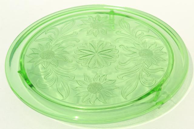 photo of vintage green depression glass cake plate, Jeannette sunflower low plateau cake stand #4