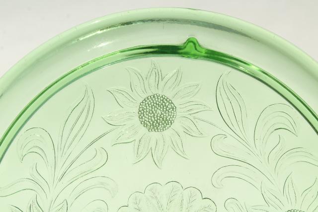 photo of vintage green depression glass cake plate, Jeannette sunflower low plateau cake stand #5