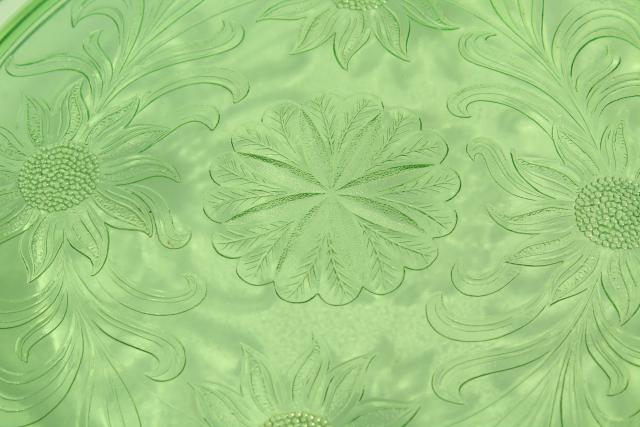 photo of vintage green depression glass cake plate, Jeannette sunflower low plateau cake stand #6