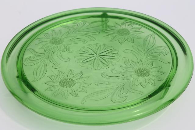 photo of vintage green depression glass cake plate, Jeannette sunflower low plateau cake stand #1