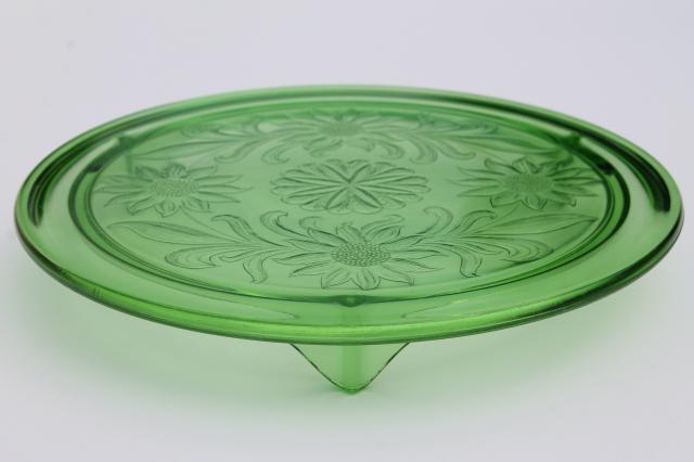 photo of vintage green depression glass cake plate, Jeannette sunflower low plateau cake stand #2