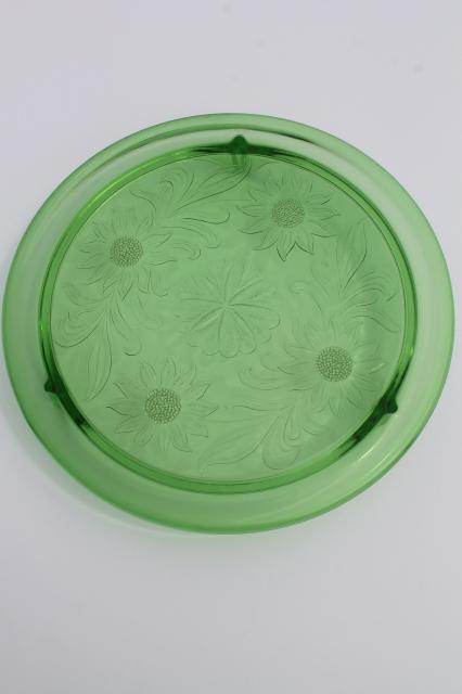 photo of vintage green depression glass cake plate, Jeannette sunflower low plateau cake stand #3