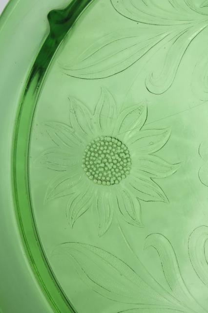 photo of vintage green depression glass cake plate, Jeannette sunflower low plateau cake stand #5