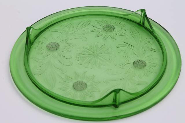 photo of vintage green depression glass cake plate, Jeannette sunflower low plateau cake stand #6