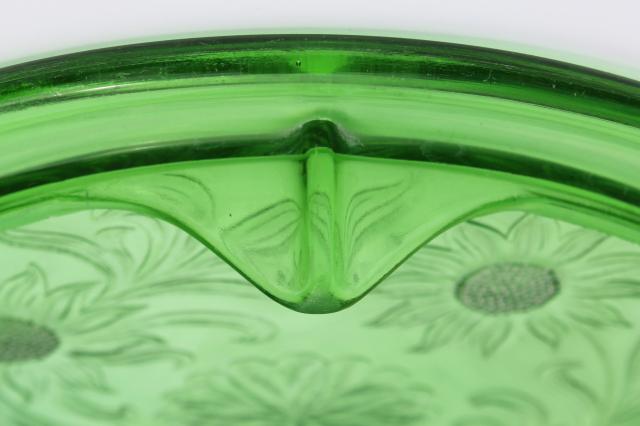 photo of vintage green depression glass cake plate, Jeannette sunflower low plateau cake stand #7