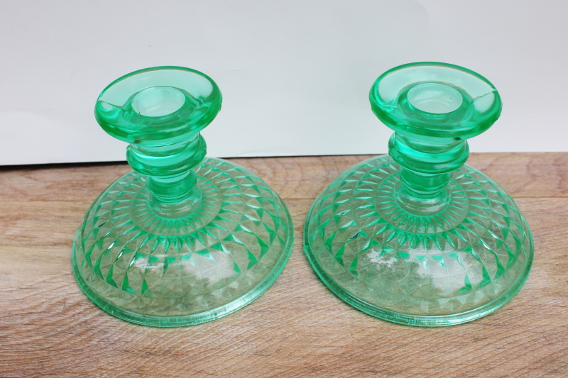 photo of vintage green depression glass candlesticks, diamond quilted or windsor pattern #1
