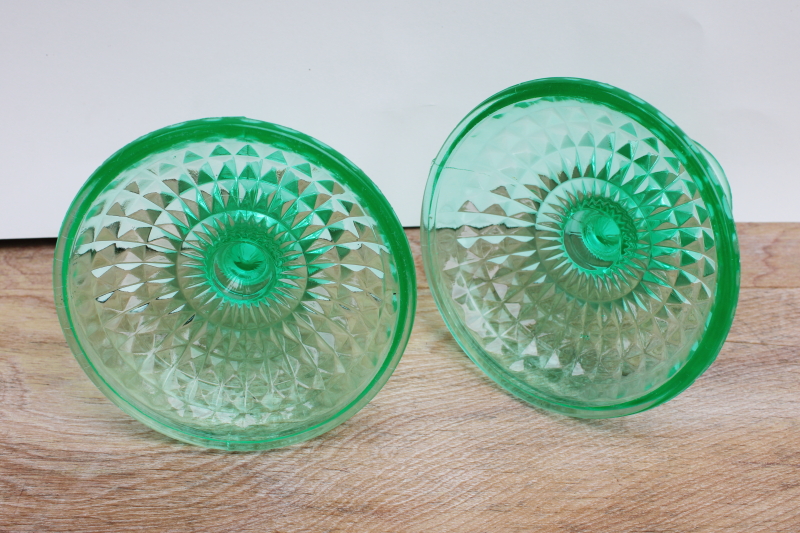 photo of vintage green depression glass candlesticks, diamond quilted or windsor pattern #3