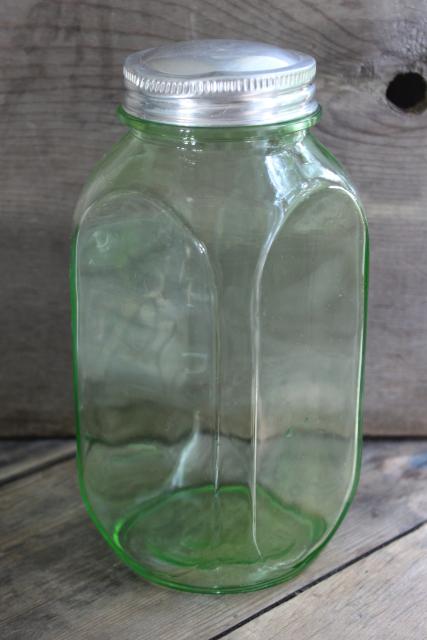 photo of vintage green depression glass canister, quart hoosier jar w/ square shape #1