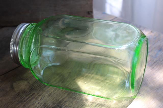 photo of vintage green depression glass canister, quart hoosier jar w/ square shape #2