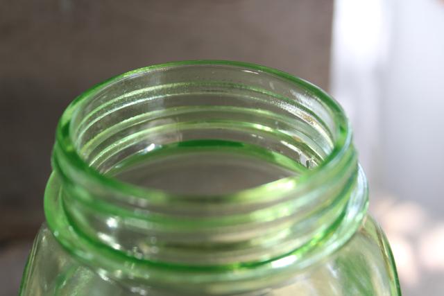 photo of vintage green depression glass canister, quart hoosier jar w/ square shape #6