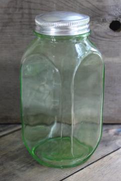 catalog photo of vintage green depression glass canister, quart hoosier jar w/ square shape