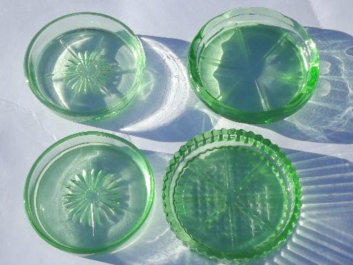 photo of vintage green depression glass coasters, mixed patterns lot of four #1