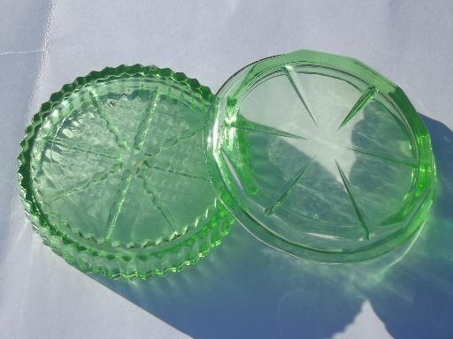 photo of vintage green depression glass coasters, mixed patterns lot of four #4