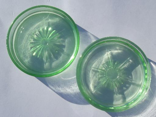 photo of vintage green depression glass coasters, mixed patterns lot of four #5