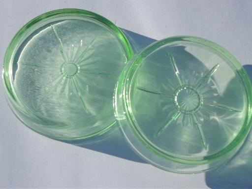 photo of vintage green depression glass coasters, mixed patterns lot of four #7