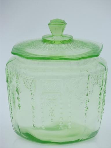 photo of vintage green depression glass cookie or biscuit jar, canister w/ lid #1