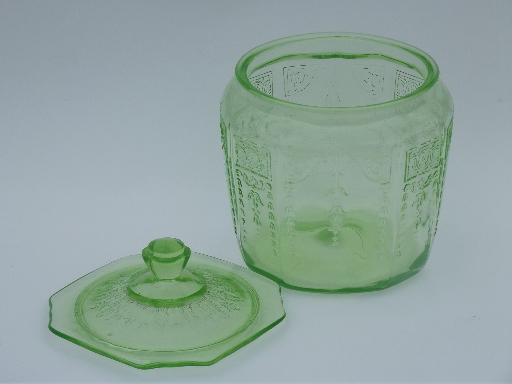 photo of vintage green depression glass cookie or biscuit jar, canister w/ lid #5