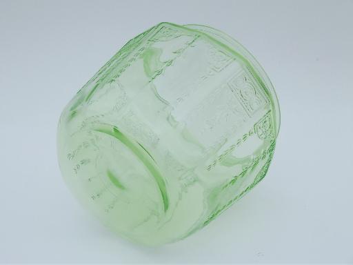 photo of vintage green depression glass cookie or biscuit jar, canister w/ lid #8