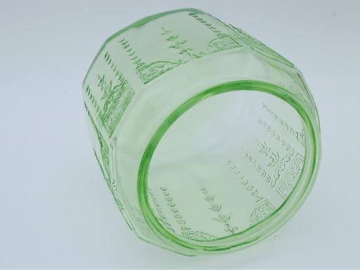 photo of vintage green depression glass cookie or biscuit jar, canister w/ lid #9