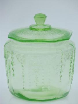 catalog photo of vintage green depression glass cookie or biscuit jar, canister w/ lid