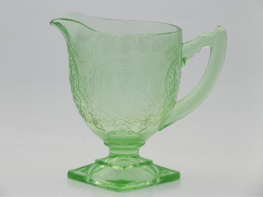 photo of vintage green depression glass creamer, horseshoe patttern cream pitcher #1