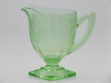 catalog photo of vintage green depression glass creamer, horseshoe patttern cream pitcher