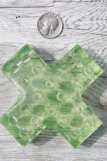 photo of vintage green depression glass flower frog, rare X cross shape flower holder #3